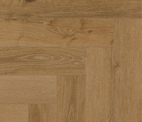 Vinylboden COREtec Naturals Herringbone Regina in Eichenoptik, geformt im klassischen Fischgrätmuster, detailliertes Bild.