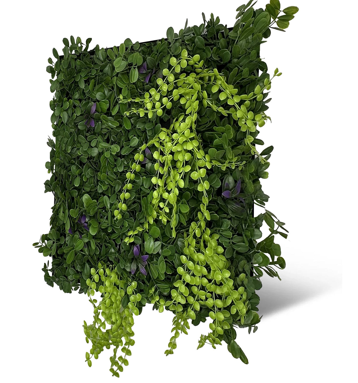 Jangal Wandpaneel mit modularer Wandkaskade aus gemischter Flora, 52 x 52 cm, grüne Pflanzen und farbige Akzente sichtbar