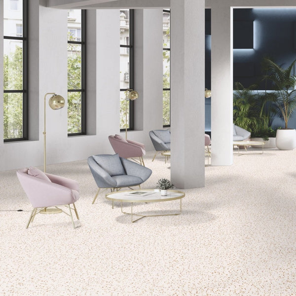 Gerflor Creation 55 Confetti Amber 1744 Vinylboden aus Klebevinyl mit buntem, dekorativem Muster auf glatter Oberfläche.