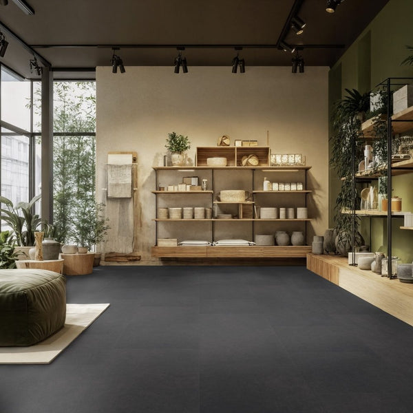 Gerflor Creation 55 Zen Bloom Uni Black Vinylboden, Klebevinyl mit schwarzer Oberfläche und modernem Design.