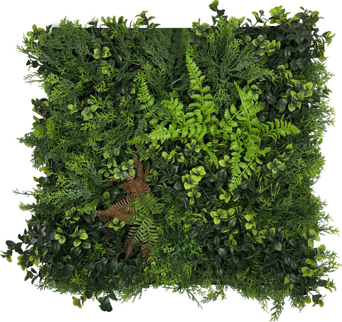 Jangal Wandpaneel Feral Green mit gemischter Flora, 52x52 cm, lebendige grüne Pflanzen für moderne Raumgestaltung
