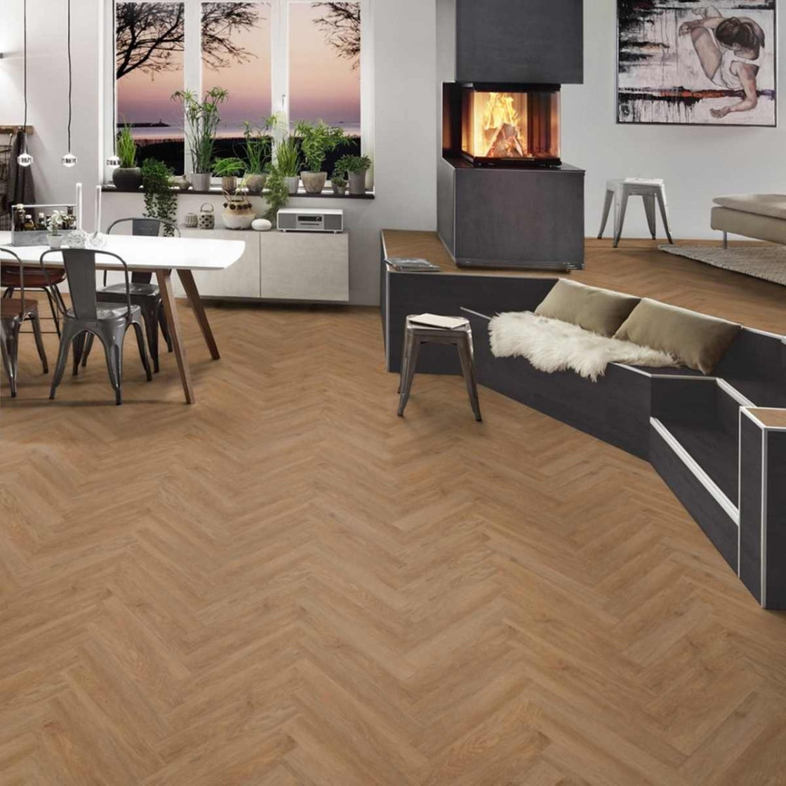 Vinylboden Project Floors floors@work PW 3066 Fischgrät-Optik, 610×152 mm, Klebevinyl, schickes Fischgrätmuster auf natürlichem Boden.