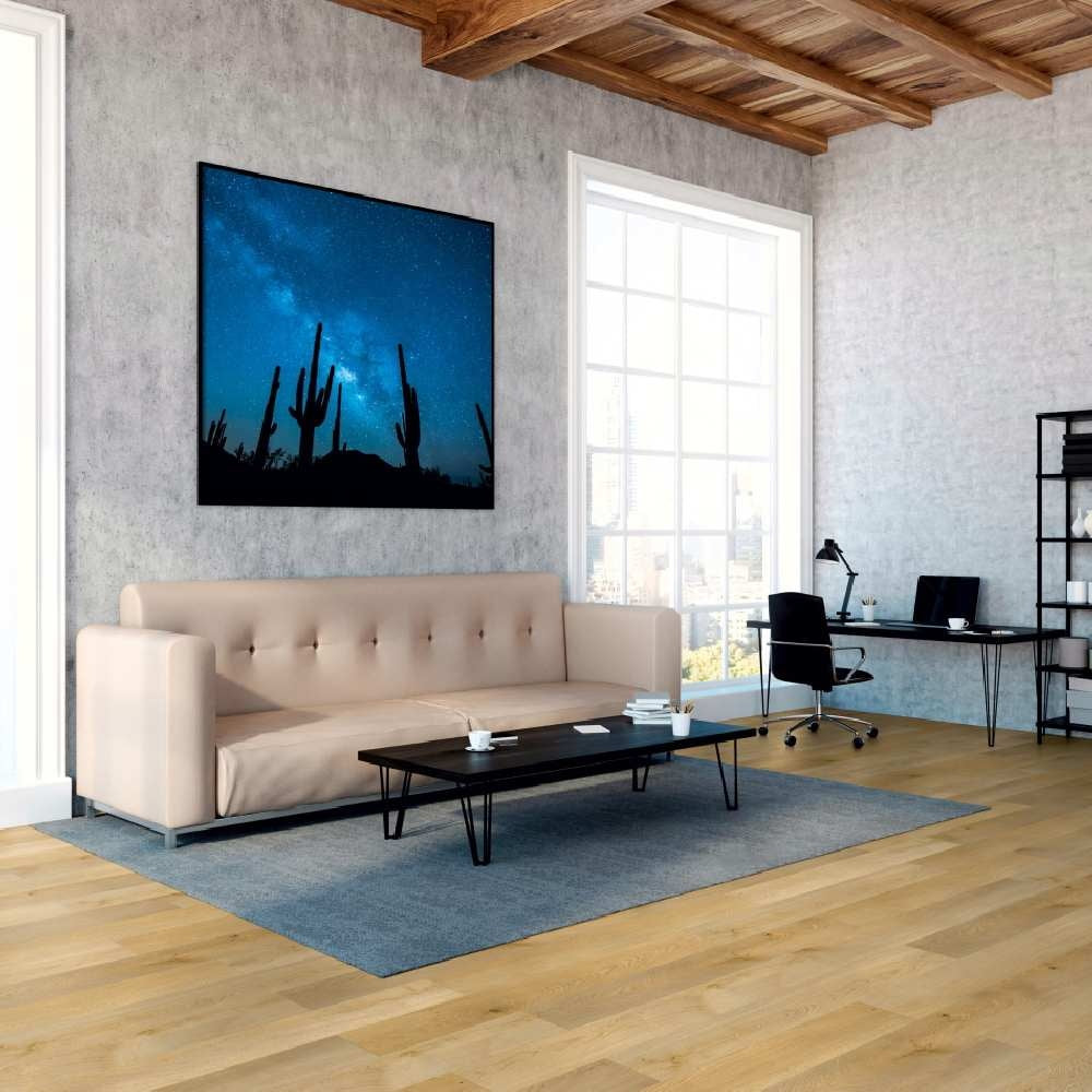 Rigid Klick-Vinylboden von Project Floors SPC Core PW 4211 mit Trittschall, braune Holzoptik, verlegt auf Boden.