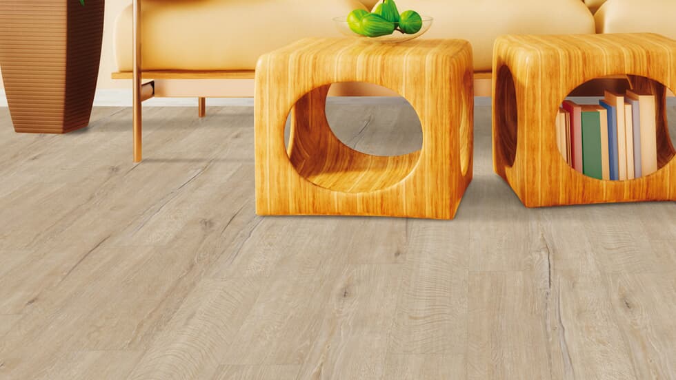 Vinylboden Project Floors floors@home PW 3900 Klebevinyl in modern Holzoptik, sichtbare Textur und Muster auf dem Boden.