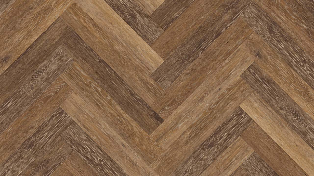 Vinylboden Project Floors floors@work PW 1261 Fischgrät, 610×102 mm, Klebevinyl, helle Holzoptik, verlegt in Fischgrätmuster