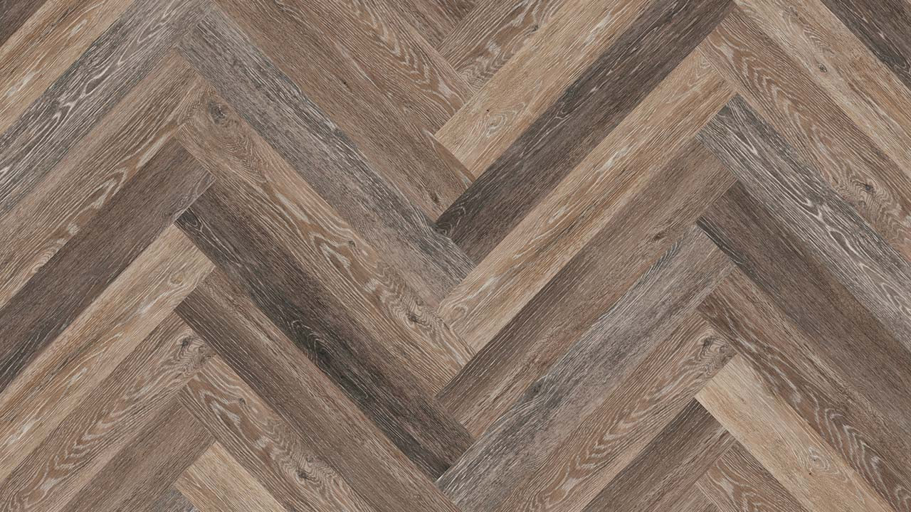 Vinylboden Project Floors floors@work PW 1265 Fischgrät, 457×76 cm, Klebevinyl mit Fischgrätmuster, braun und beige Farbtöne