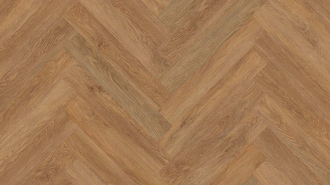 Vinylboden Project Floors floors@work PW 3066 Fischgrät, Klebevinyl, 610×102 cm, braune Holzoptik, verlegt auf Boden.