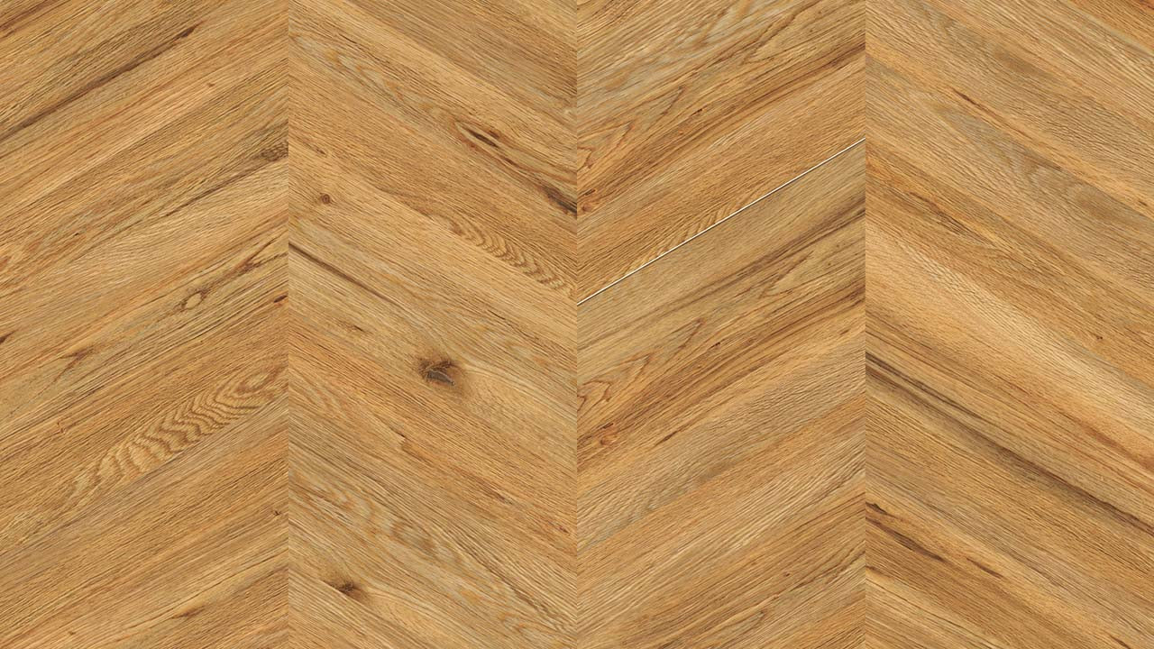 Vinylboden Project Floors floors@work Chevron PW 3840, Klebevinyl mit schwarzem Chevron-Muster auf hellem Hintergrund.