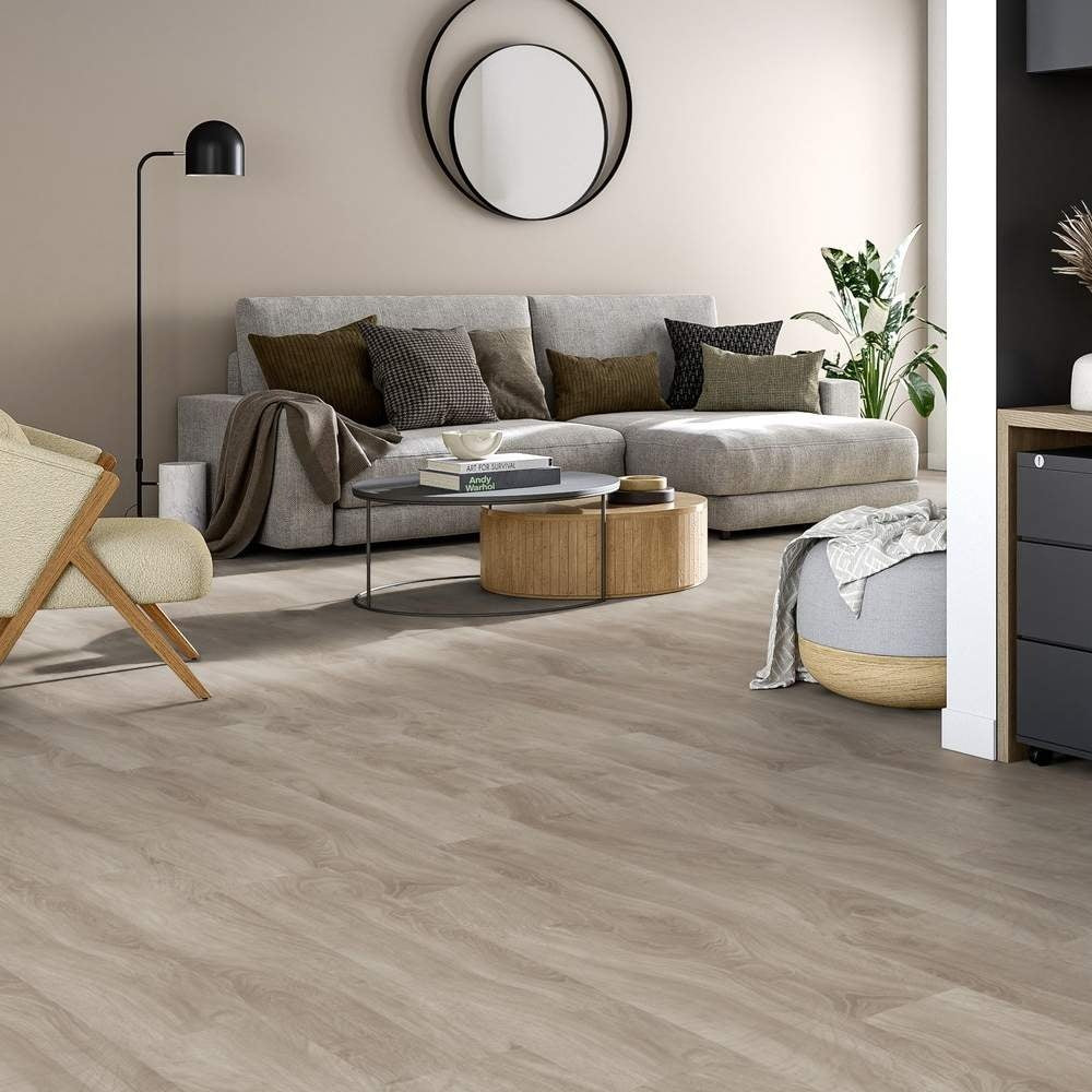 Vinylboden Tarkett iD Inspiration 55 Classics Eichenholz Grau Beige, Klebevinyl, detailreiche Holzmaserung und textur.