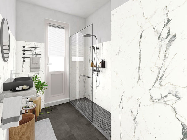 Ceramin Vinylboden Fliese Carrara Weiß 57585, PVC-freie Designfliese mit Marmoroptik, rechteckige Fliesen auf Bodenbild