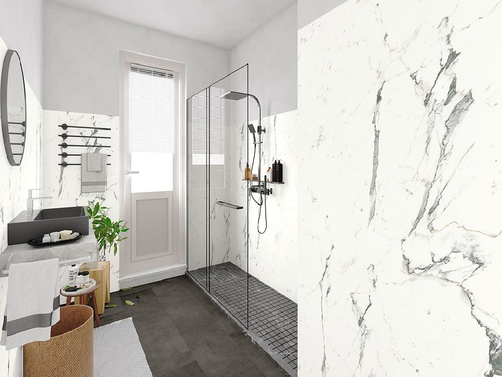 Ceramin Vinylbodenfliese Carrara weiß, PVC-freie Designfliese mit Marmoroptik, detailreiche weiße Fliese für modernene Räume
