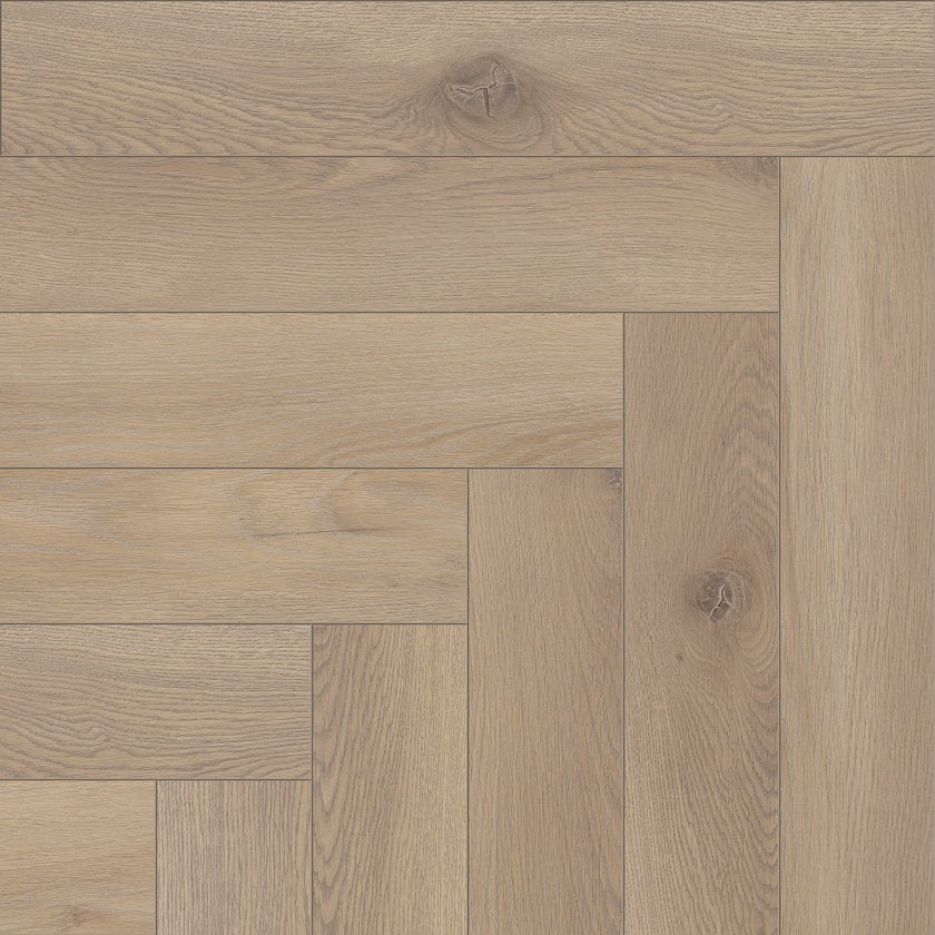 COREtec Flexile Meadow Fischgrät Vinylboden, Klebevinyl, in Holzoptik, zeigt das Muster und die Textur des Bodenbelags.