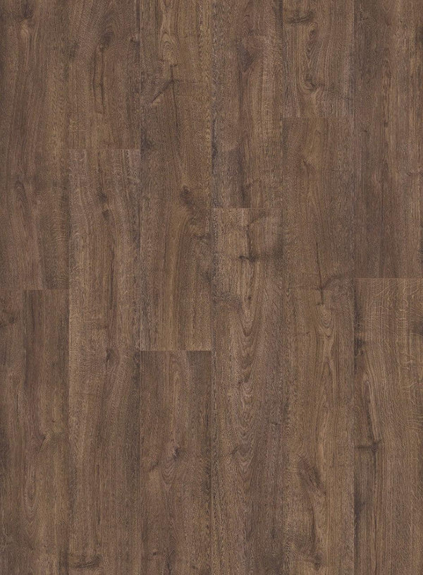 Quick-Step Vinylboden PUGP Klebevinyl 40199 Herbst Eiche Schokolade mit Holzmaserung und warmem Braunton, liegend auf einer glatten Oberfläche